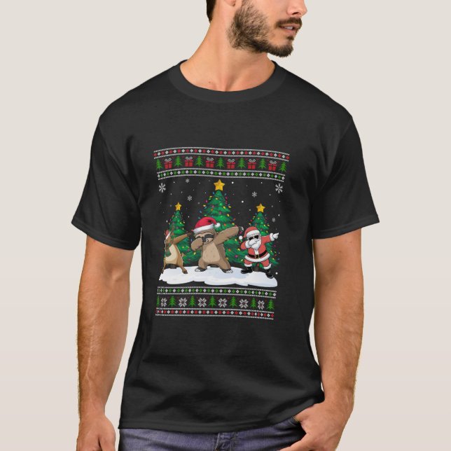 Dabbing Santa Reindeer Sloth Tree Lights Ugly Xmas T-Shirt (Vorderseite)