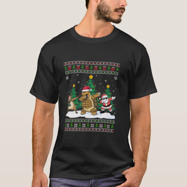 Dabbing Santa Reindeer Tortoise Tree Lights Ugly X T-Shirt (Vorderseite)