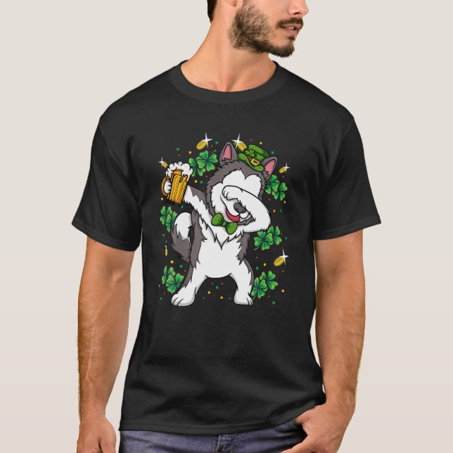 Dabbing Siberischer Husky Leprechaun Hund St Patri T-Shirt (Vorderseite)
