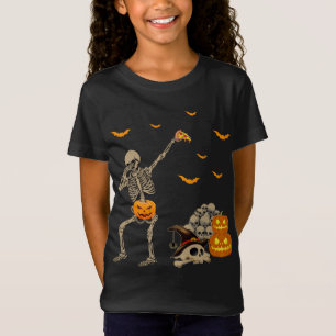 Dabbing Skeleton Eating Pizza Beängstigend Pumpkin T-Shirt