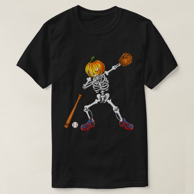Dabbing Skeleton Pumpkin Baseball Halloween T-Shirt (Design vorne)