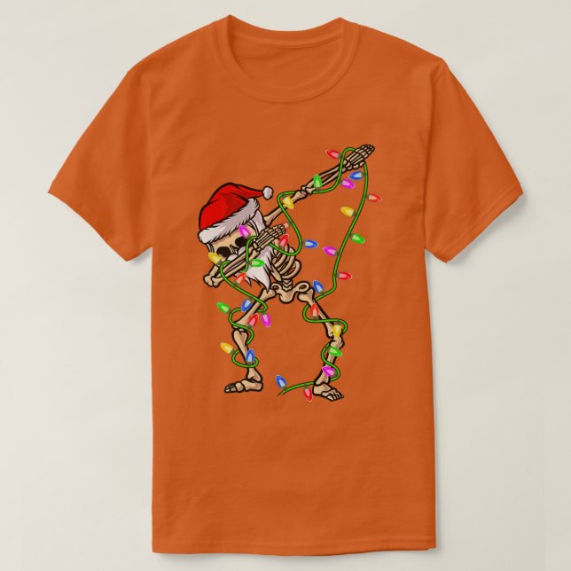 Dabbing Skeleton Xmas Lights Funny Santa Skelett T-Shirt (Design vorne)