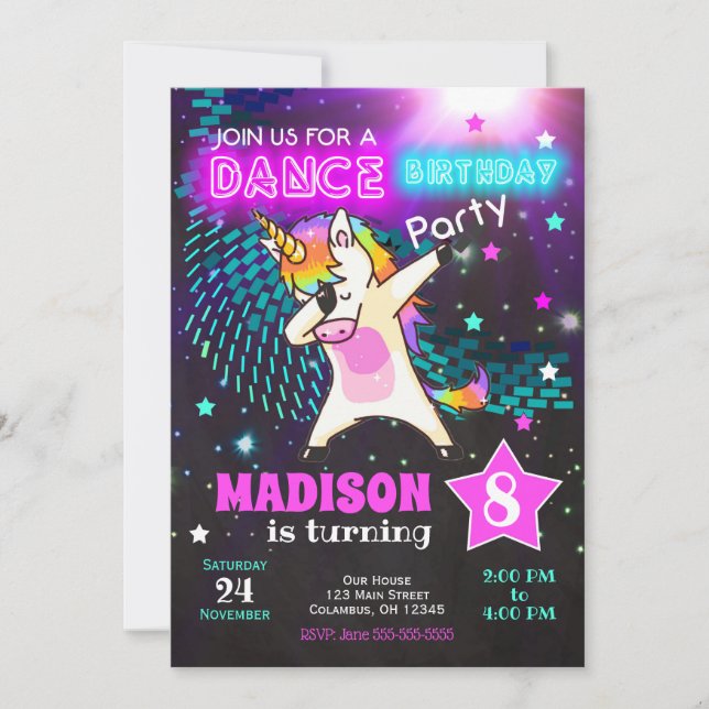 Dabbing Unicorn Birthday Invitation / Dance Party (Devant)