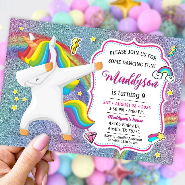 Dabbing Unicorn Einladung zum Dance Party (Dabbing Unicorn Invitation for Dance Party)