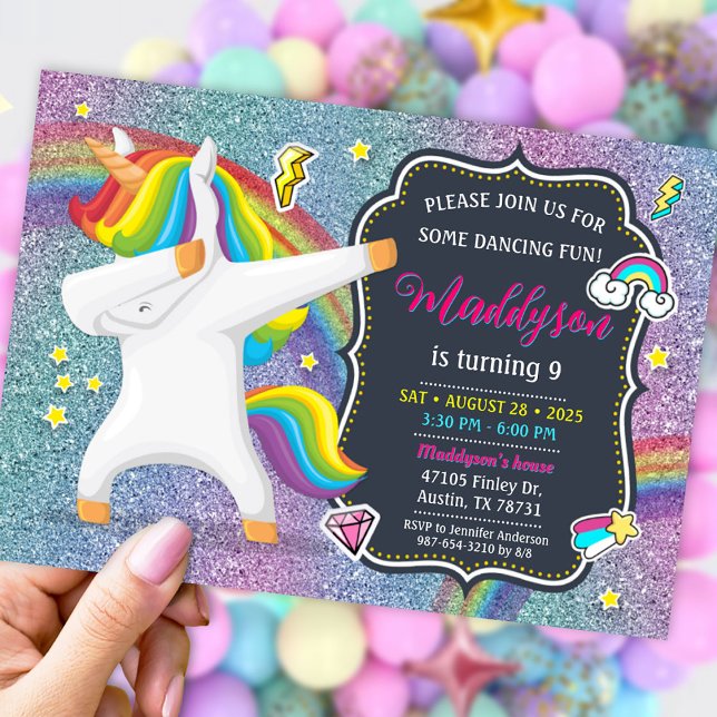 Dabbing Unicorn Invitation pour la fête de la dans (Dabbing Unicorn Invitation for Dance Party)