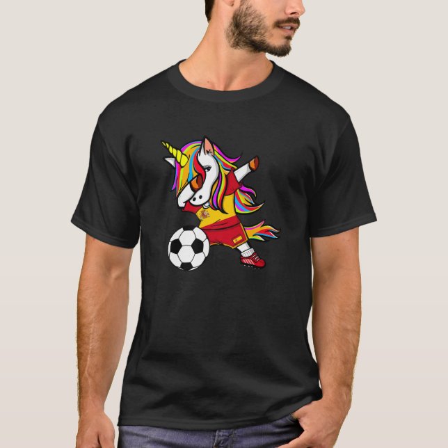 Dabbing Unicorn Spain Soccer Fans Jersey Spanische T-Shirt (Vorderseite)