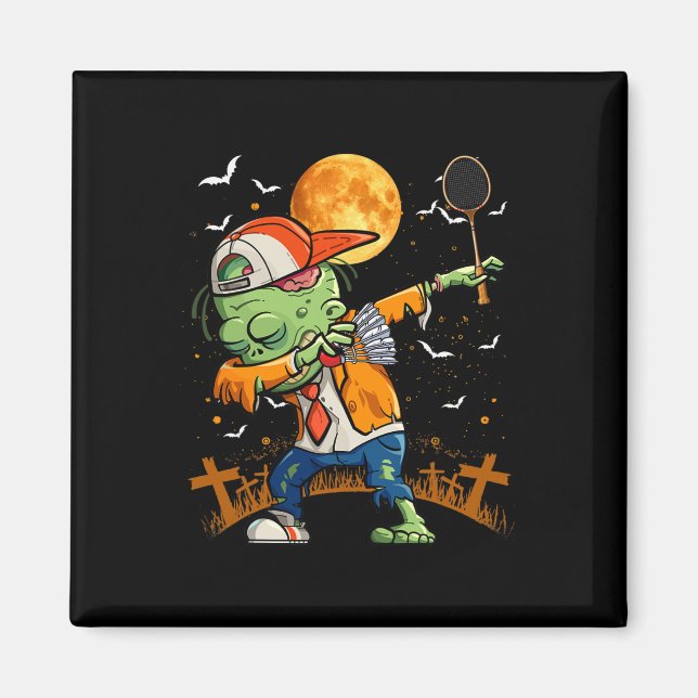 Dabbing Zombie Playing Badminton Halloween Badmint Magnet (Vorne)