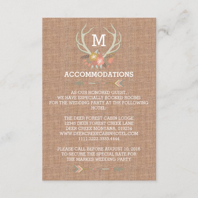 D'ACCOMPAGNEMENT ANTLERS FLORAUX | CARTE D'HÉBERGEMENT MARIAGE RUST (Devant)
