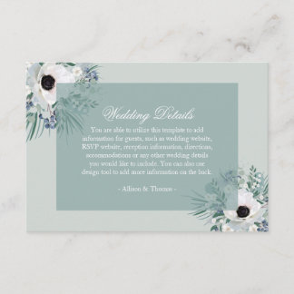 D'accompagnement blanc anémone sauge vert carte de détails mariage