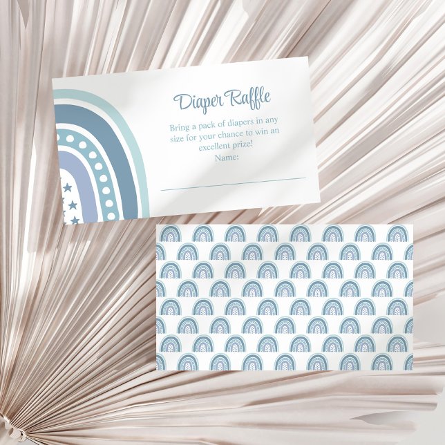 D'accompagnement Carte Boho Blue Rainbow Diaper Raffin Enceinte (Boho Blue Rainbow Diaper Raffle Enclosure Card on a white dry palm leaf.)