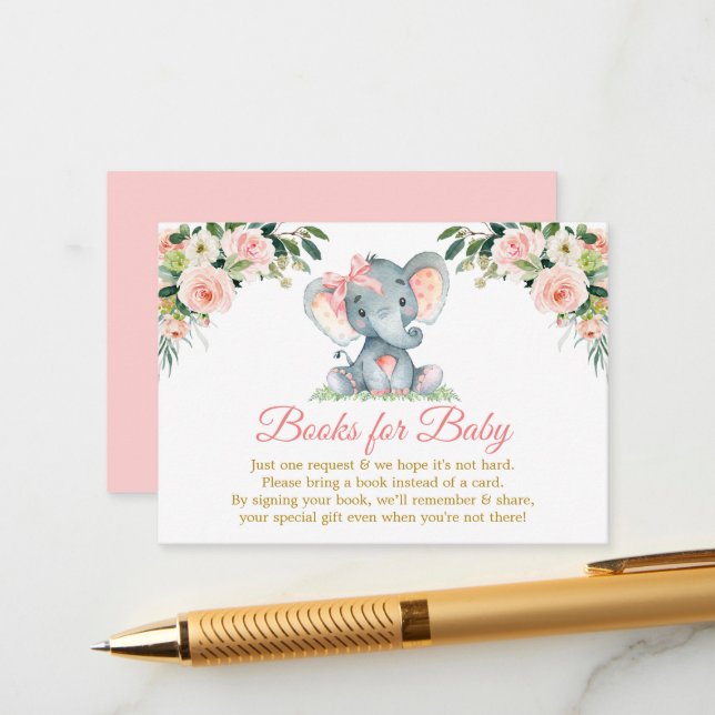 D'accompagnement Carte d'annonce de douche éléphant floral rose (Devant/Arrière en situation)