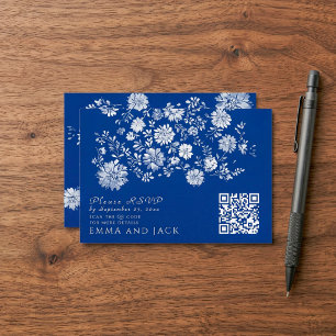 D'accompagnement Carte de détails de mariage à code QR floral bleu