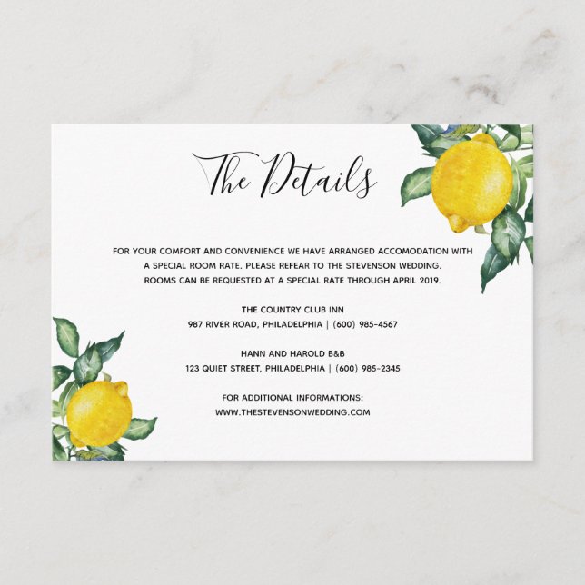 D'accompagnement carte de détails de mariage aux citrons (Devant)