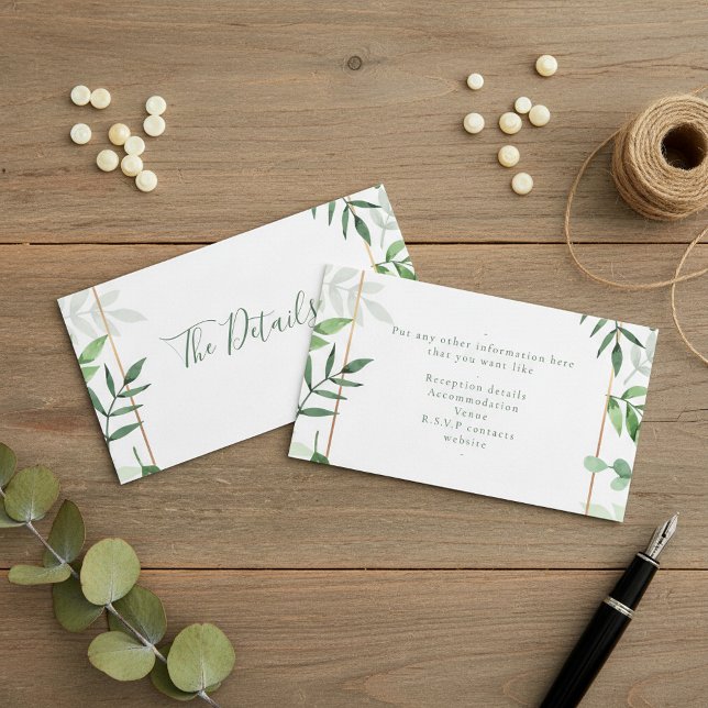 D'accompagnement Carte de détails de mariage aux feuilles vertes (Green leaves "the details" wedding enclosure card.)