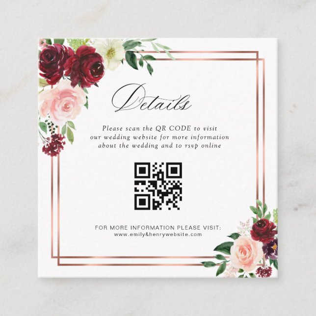 D'accompagnement carte de détails de mariage avec code QR bordeaux  (Devant)