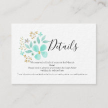 Carte de détails de mariage floral sarcelle et or