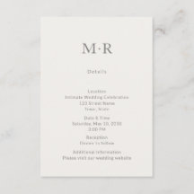 Carte de détails de mariage intime minimal moderne