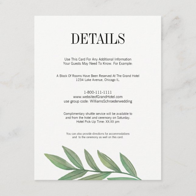 D'accompagnement Carte de détails Mariage Feuille Watercolor Greene (Devant)