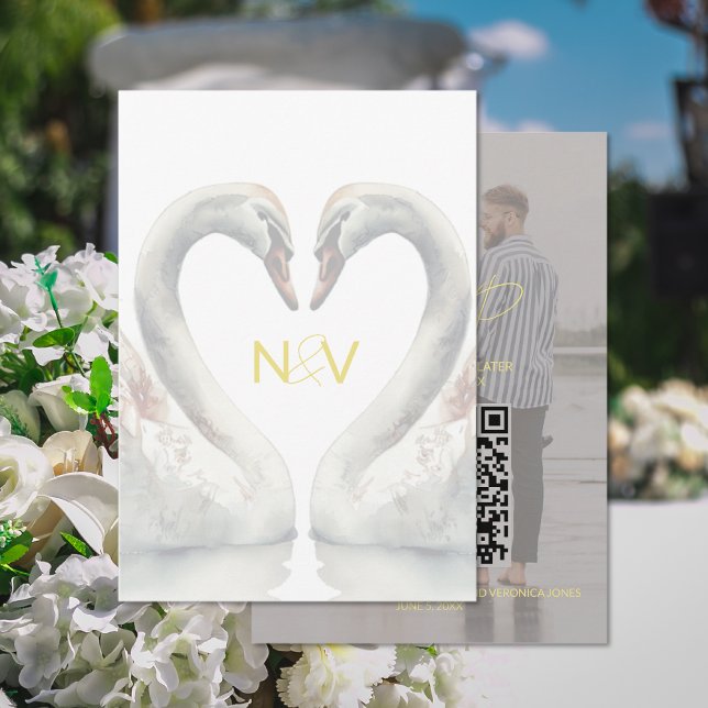 D'accompagnement Carte de réponse QR code pour mariage aux cygnes (Swan Wedding RSVP QR Code Card (front and back))