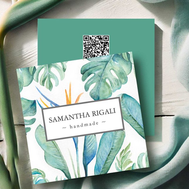 D'accompagnement Carte de visite de code QR tropical - Fleur tropic (Business cards tropical floral and monstera palm leaf watercolor art by Victoria Grigaliunas)