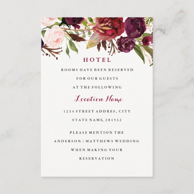 D'accompagnement Carte d'hôtel de mariage floral rouge Bourgogne d' (Devant)