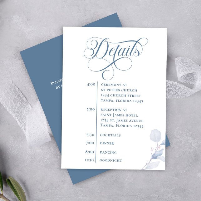 D'accompagnement Carte d'insertion de mariage avec code QR et calli (Elegant dusty blue wedding details card with QR code and calligraphy timeline design)