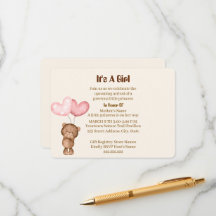 Carte d'invitation pour Baby Shower Fille Ours
