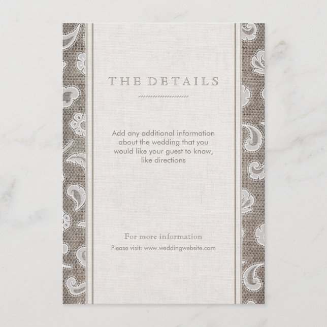 D'accompagnement Dentelle et burlap carte de détail de mariage camp (Devant)