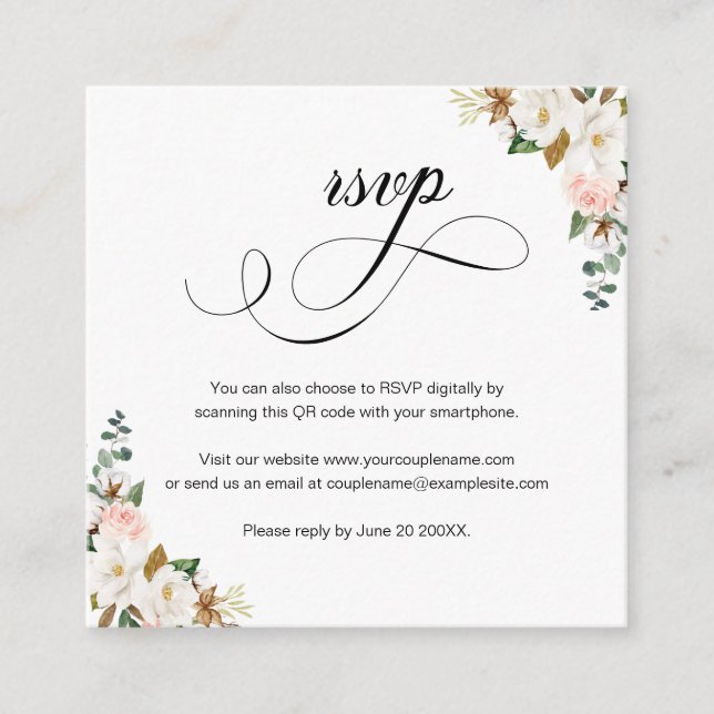 D'accompagnement Magnolia Floral Script QR Code Mariage Carte RSVP (Devant)