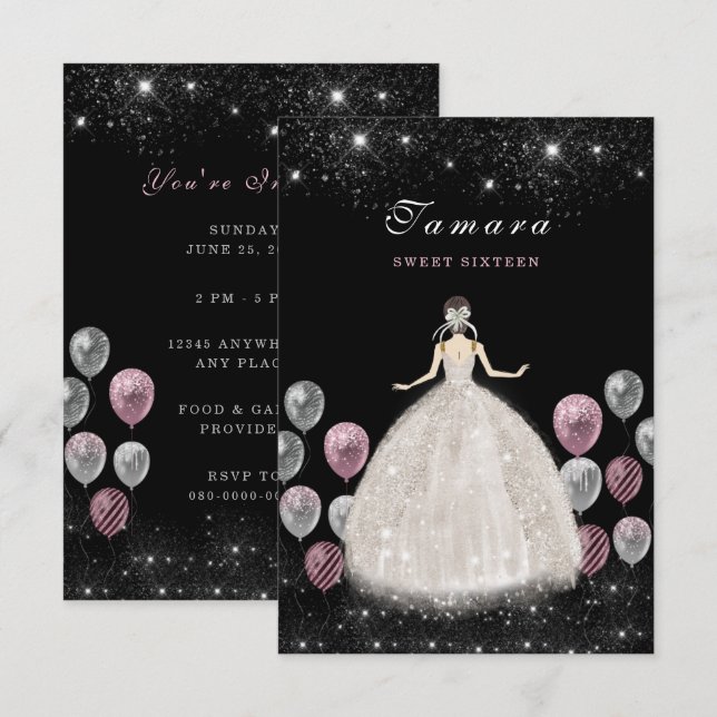 D'accompagnement Sweet sixteen Elégante carte d'invitation d'annive (Devant / Derrière)