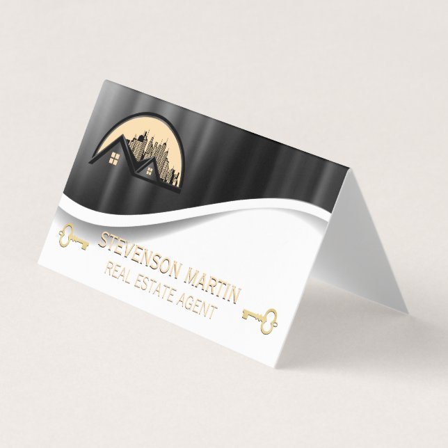 Dach und Stadt | Metallic | Gold Skelettschlüssel Visitenkarten (Vorderseite)
