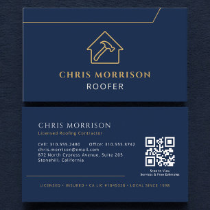 Dachdecker-QR-Code-Dachdeckerfirma Navy Blau Gold Visitenkarte