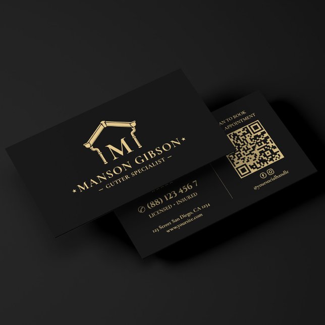 Dachrinnenbauer-Logo Schwarz Modern QR-Code Visitenkarte (Gutter Contractor Logo Black Modern QR Code Business Card
)