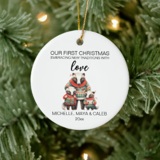 Dachsfamilie zu Weihnachten mit drei Mitgliedern Keramik Ornament