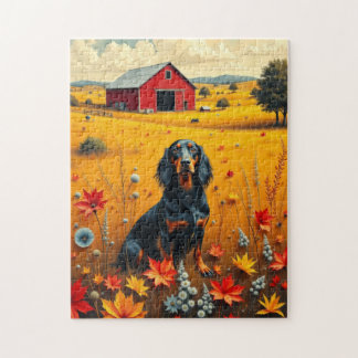 Dachshund auf dem Bauernhof im Herbst