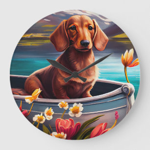 Dachshund auf einem Paddel: Ein landschaftliches A Große Wanduhr