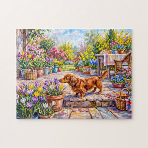 Dachshund beim Spaziergang durch die farbenfrohe b