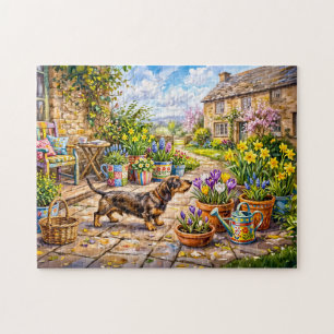 Dachshund beim Spaziergang durch einen farbenfrohe