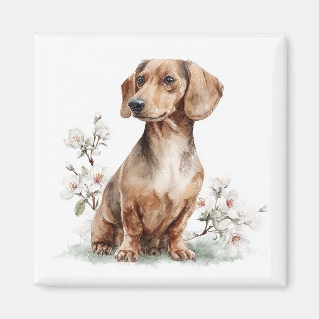 Dachshund-Blumen-Aquarell-Kunst Magnet (Vorne)