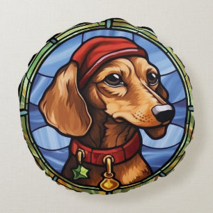 Dachshund Buntglas Weihnachten Rundes Kissen