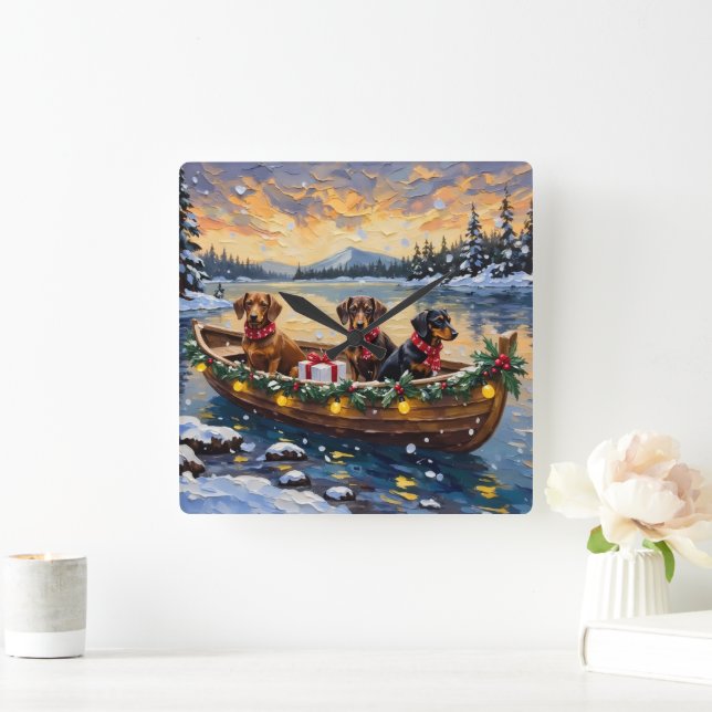 Dachshund Christmas Boat Holiday Quadratische Wanduhr (Zuhause)