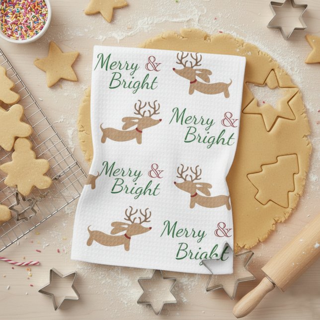 Dachshund Christmas Joyeux & Bright Dish Serviette (Merry & Bright Dachshund Christmas dish towel featuring little dachshunds with reindeer antlers )