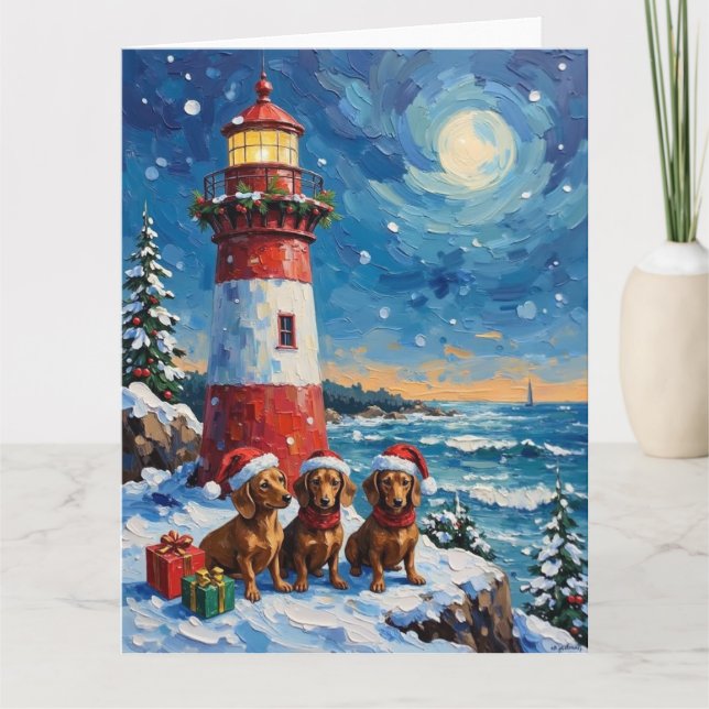 Dachshund Christmas Lighthouse Holiday Karte (Vorderseite)