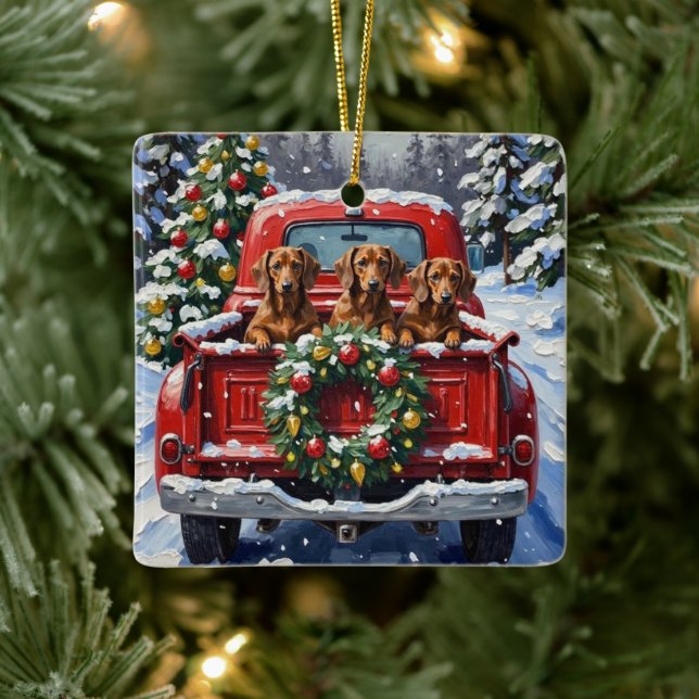 Dachshund Christmas Red Truck Holiday Keramikornament (Baum)