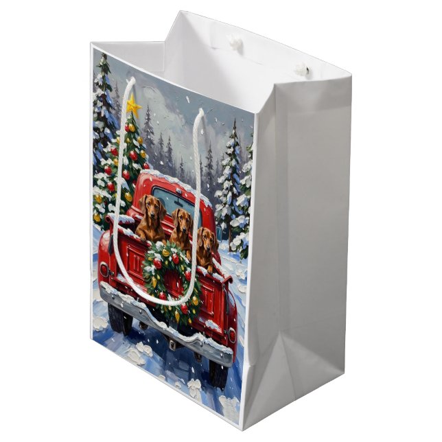 Dachshund Christmas Red Truck Holiday Mittlere Geschenktüte (Vorderseite Schrägansicht)