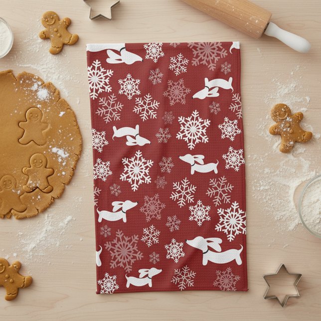 Dachshund Christmas Snowflake Red Dish Serviette (Wiener Dog Dachshund Christmas Winter Dish Towel )