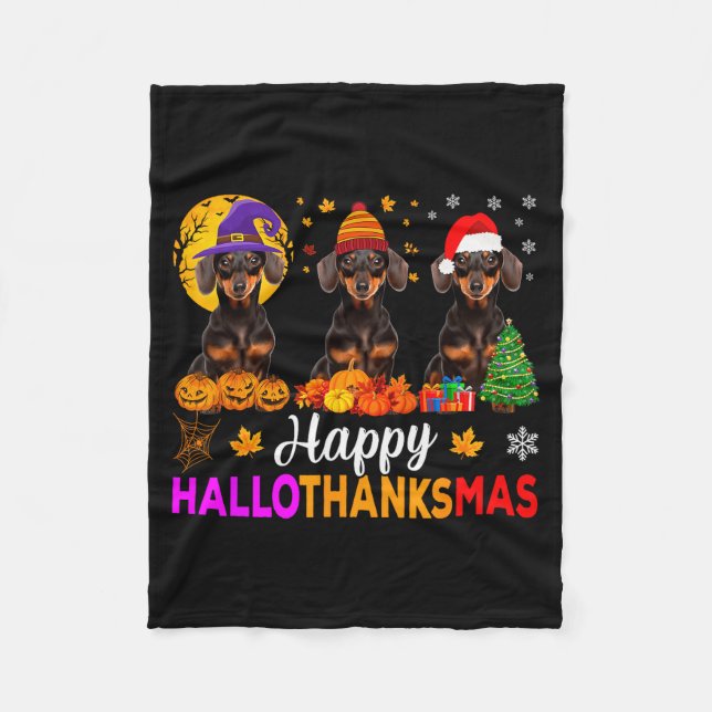 Dachshund Dog Halloween Christmas Hallothanksmas F Fleecedecke (Vorderseite)