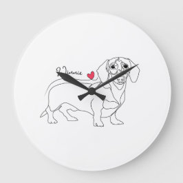 Dachshund Dog Line Art and Heart with Name Große Wanduhr