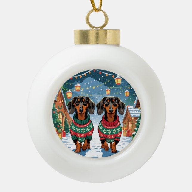 Dachshund Dogs Christmas Snow Holiday Keramik Kugel-Ornament (Vorderseite)