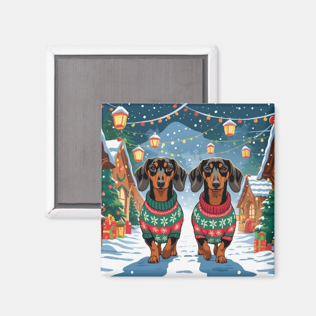Dachshund Dogs Christmas Snow Holiday Magnet (Vorderseite/Rückseite)